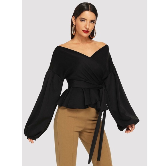 Bishop Sleeve Belt Ties Wrap Peplum Top Black V-Neck - Picture 4 of 13